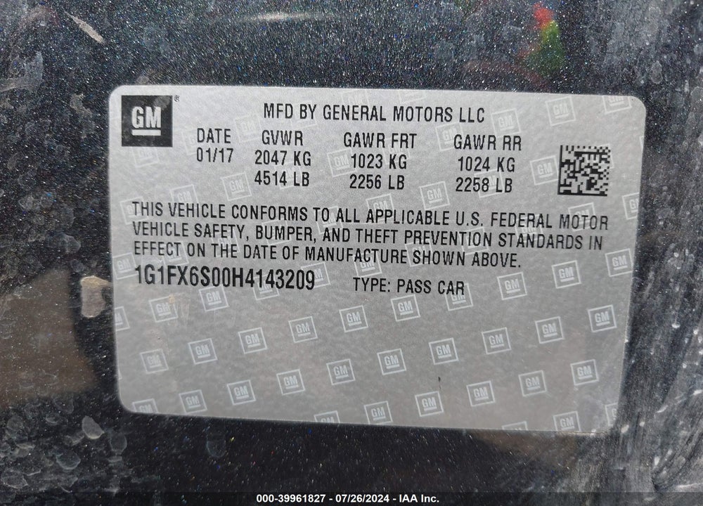 2017 CHEVROLET BOLT EV PREMIER VIN: 1G1FX6S00H4143209