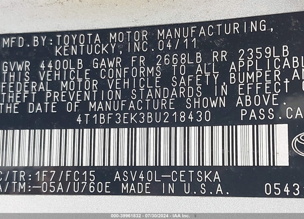 2011 TOYOTA CAMRY SE VIN: 4T1BF3EK3BU218430