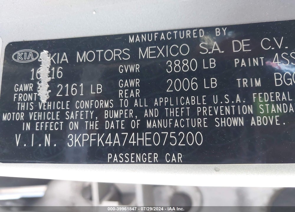 2017 KIA FORTE LX VIN: 3KPFK4A74HE075200