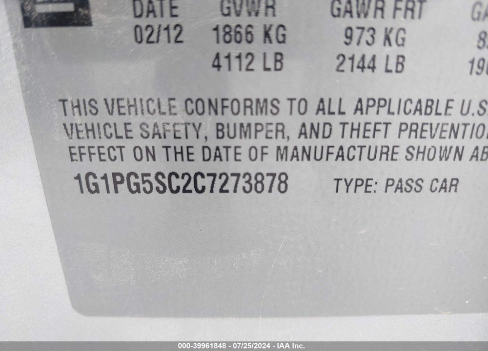 2012 CHEVROLET CRUZE 2LT VIN: 1G1PG5SC2C7273878