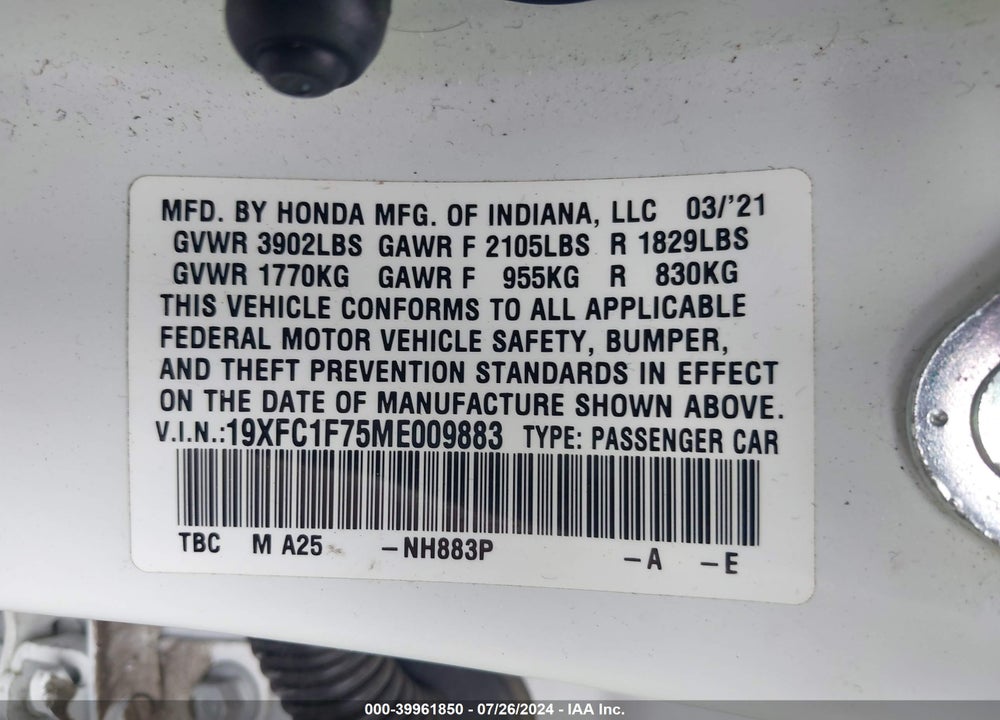 2021 HONDA CIVIC EX-L VIN: 19XFC1F75ME009883