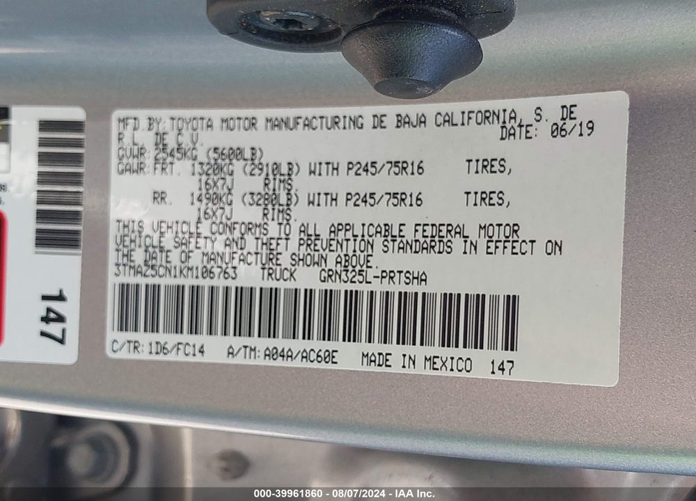2019 TOYOTA TACOMA SR5 V6 VIN: 3TMAZ5CN1KM106763