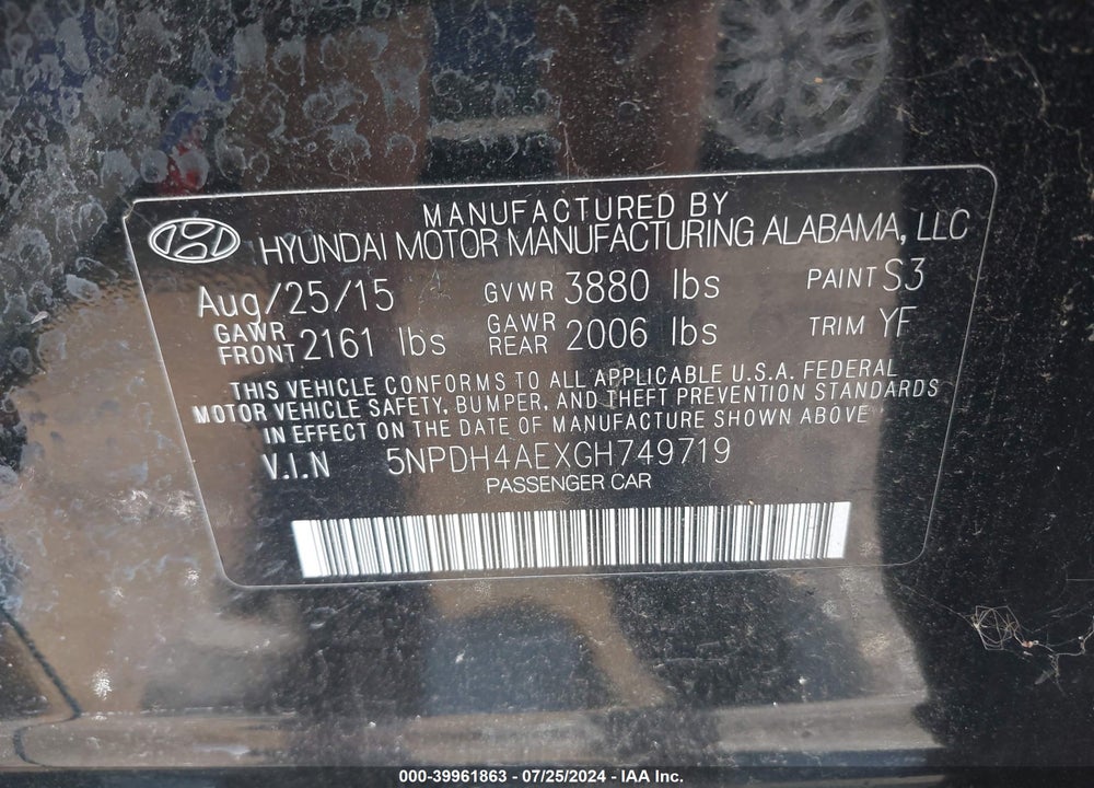 2016 HYUNDAI ELANTRA SE VIN: 5NPDH4AEXGH749719