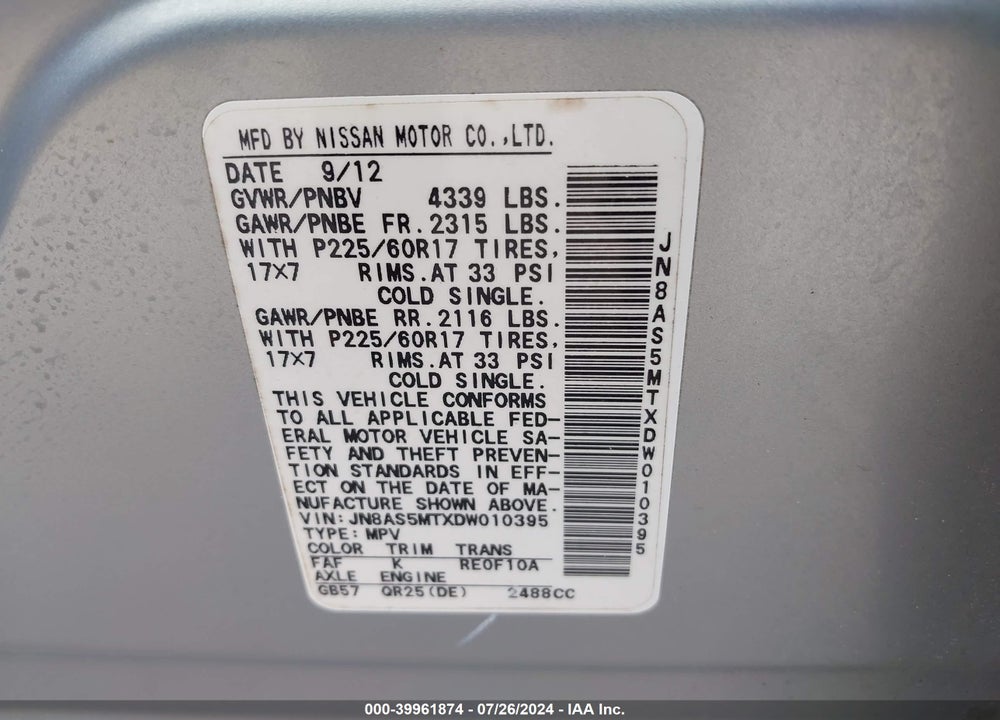 2013 NISSAN ROGUE SV VIN: JN8AS5MTXDW010395