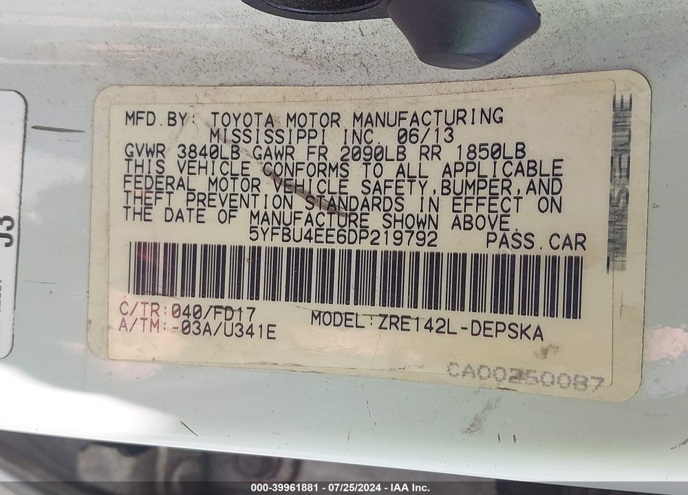 2013 TOYOTA COROLLA S VIN: 5YFBU4EE6DP219792