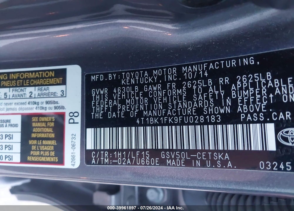 2015 TOYOTA CAMRY XSE V6 VIN: 4T1BK1FK9FU028183