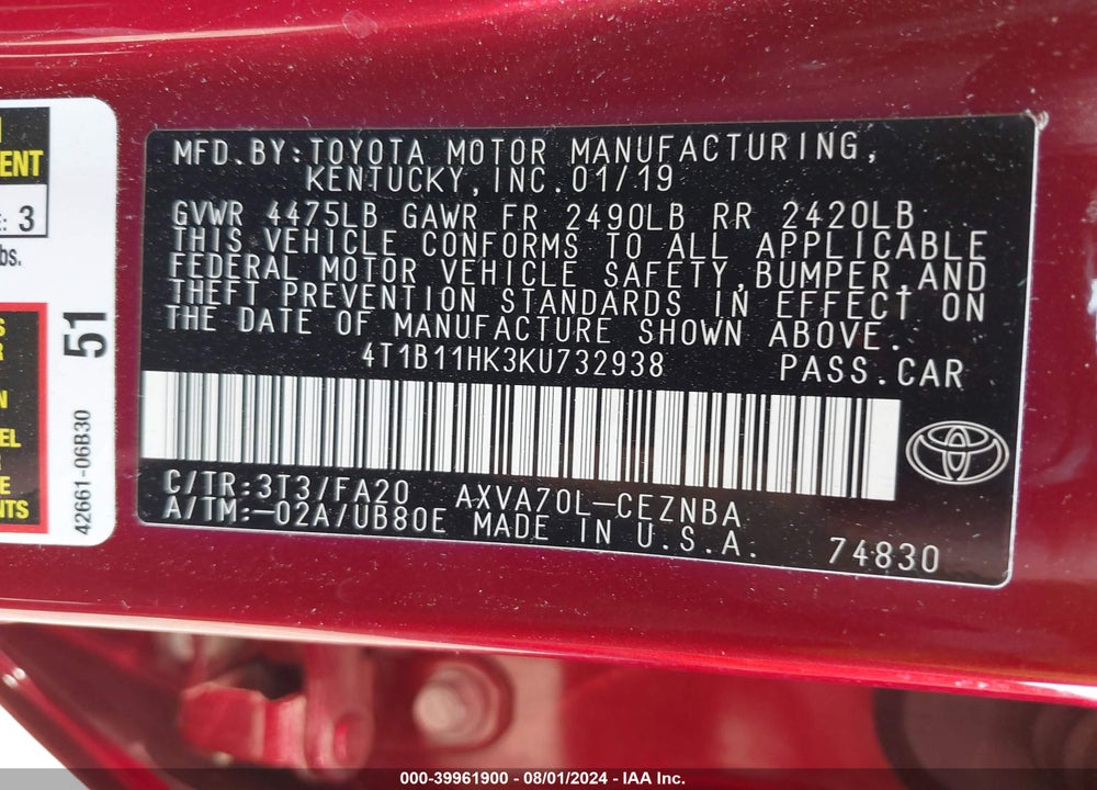 2019 TOYOTA CAMRY VIN: 4T1B11HK3KU732938