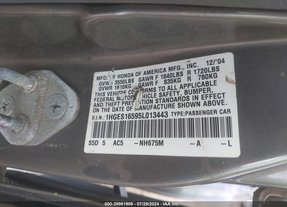 2005 HONDA CIVIC LX VIN: 1HGES16595L013443