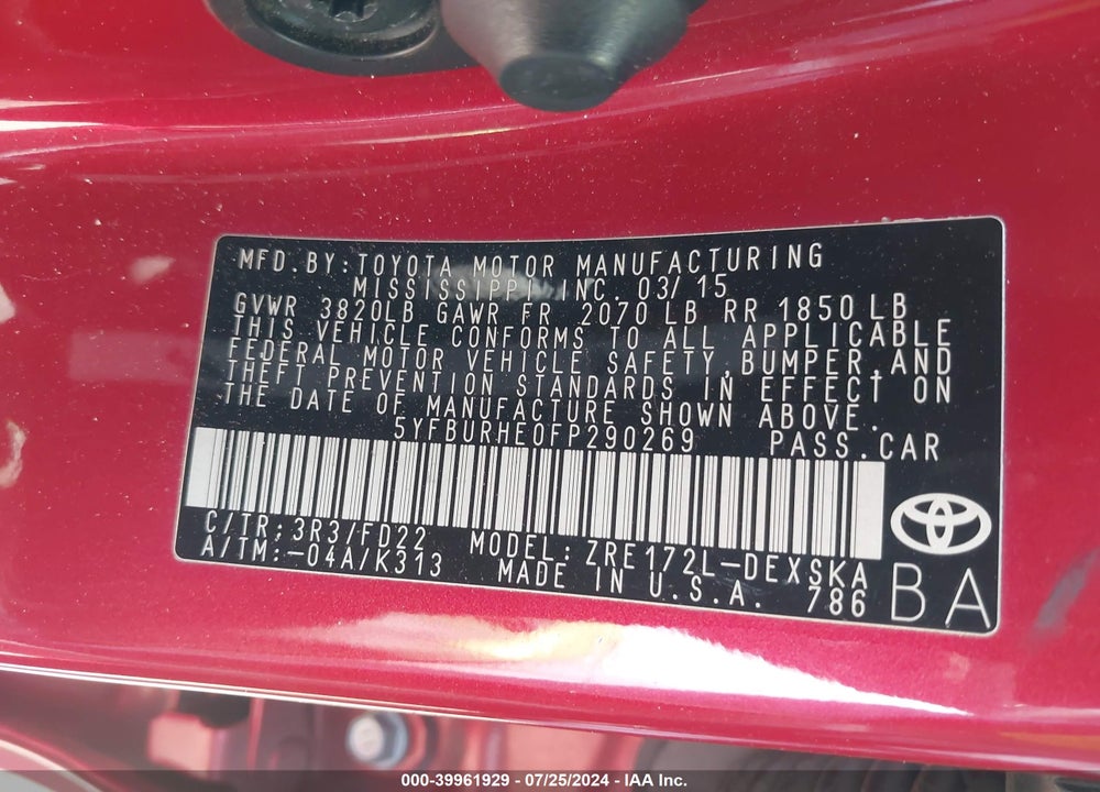 2015 TOYOTA COROLLA S VIN: 5YFBURHE0FP290269