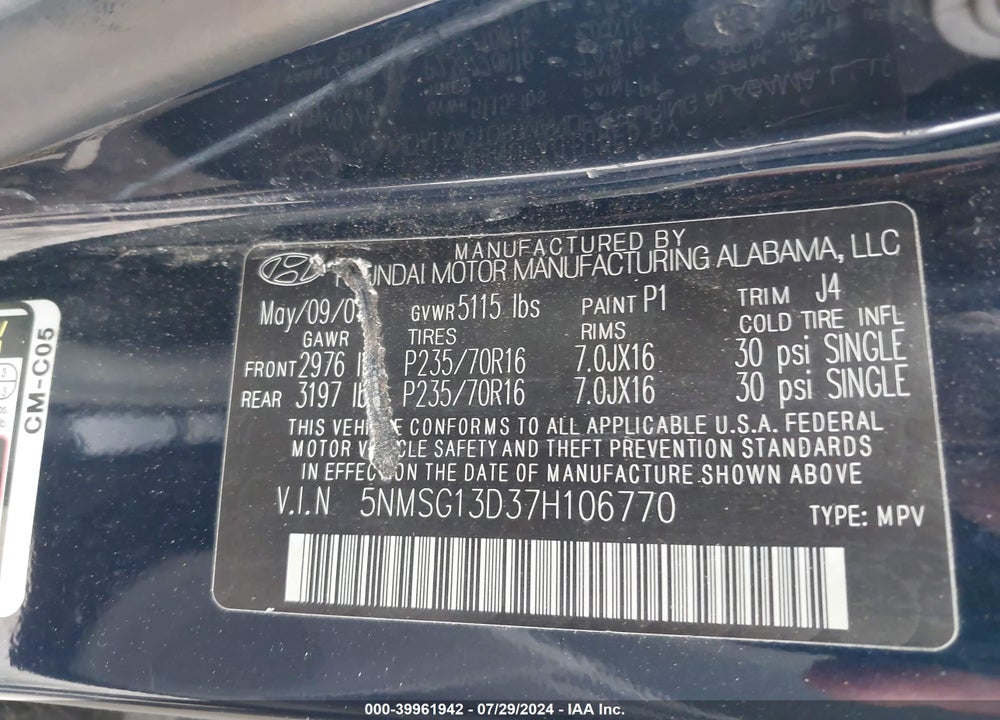2007 HYUNDAI SANTA FE GLS VIN: 5NMSG13D37H106770