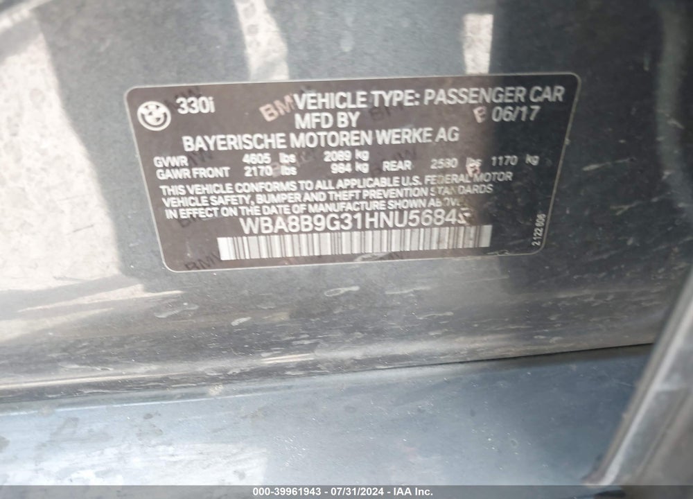 2017 BMW 330I VIN: WBA8B9G31HNU56845