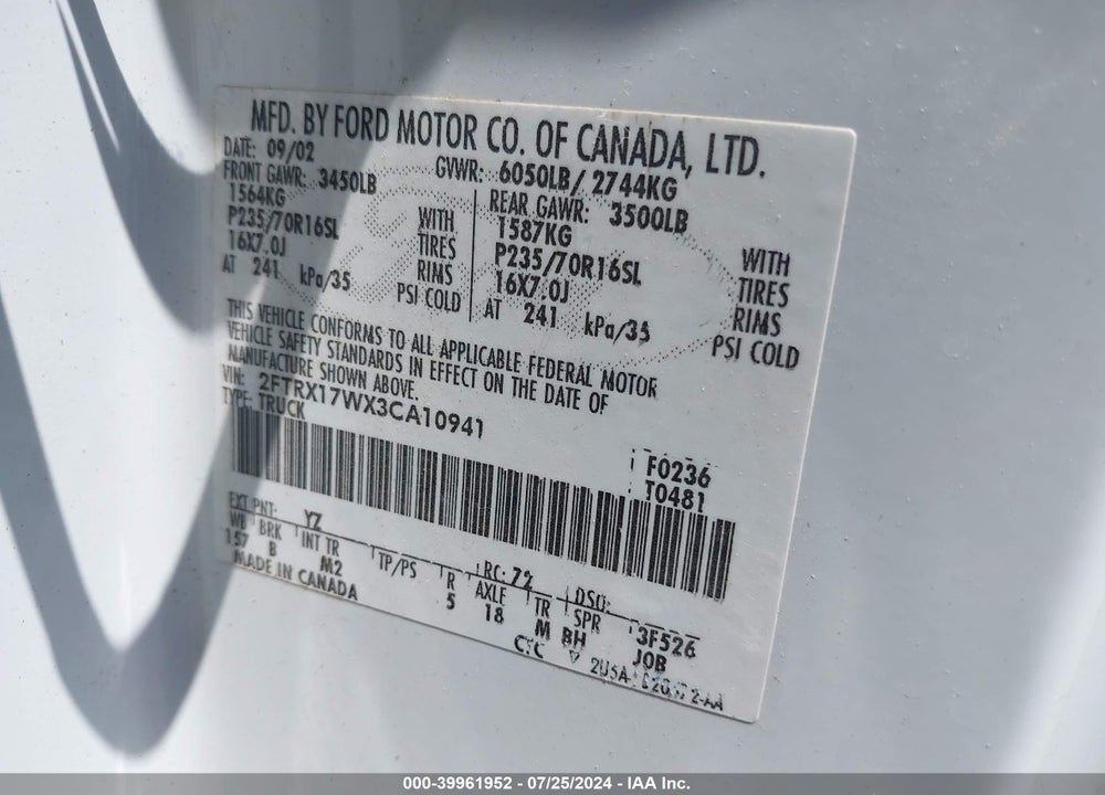 2003 FORD F-150 VIN: 2FTRX17WX3CA10941