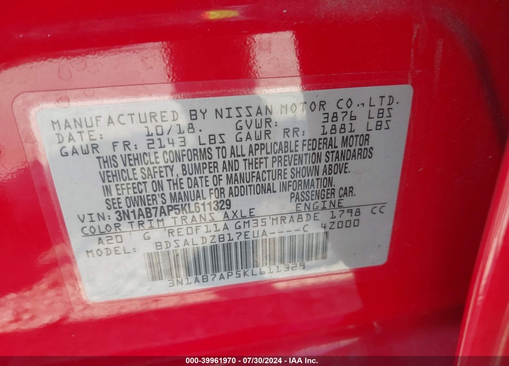 2019 NISSAN SENTRA SV VIN: 3N1AB7AP5KL611329