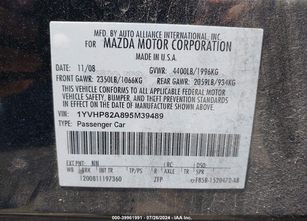 2009 MAZDA 6 I GRAND TOURING VIN: 1YVHP82A895M39489