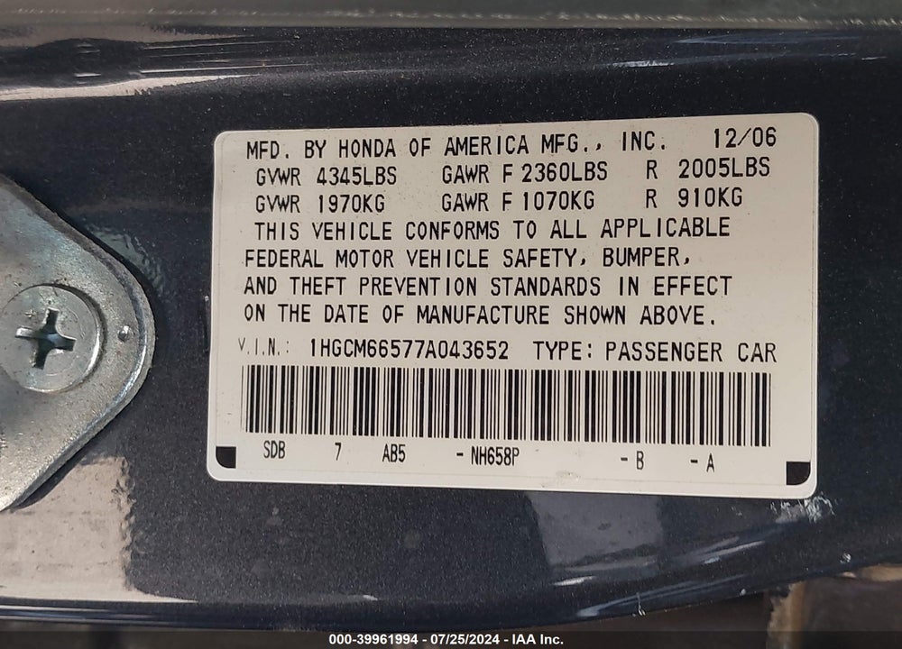 2007 HONDA ACCORD 3.0 EX VIN: 1HGCM66577A043652
