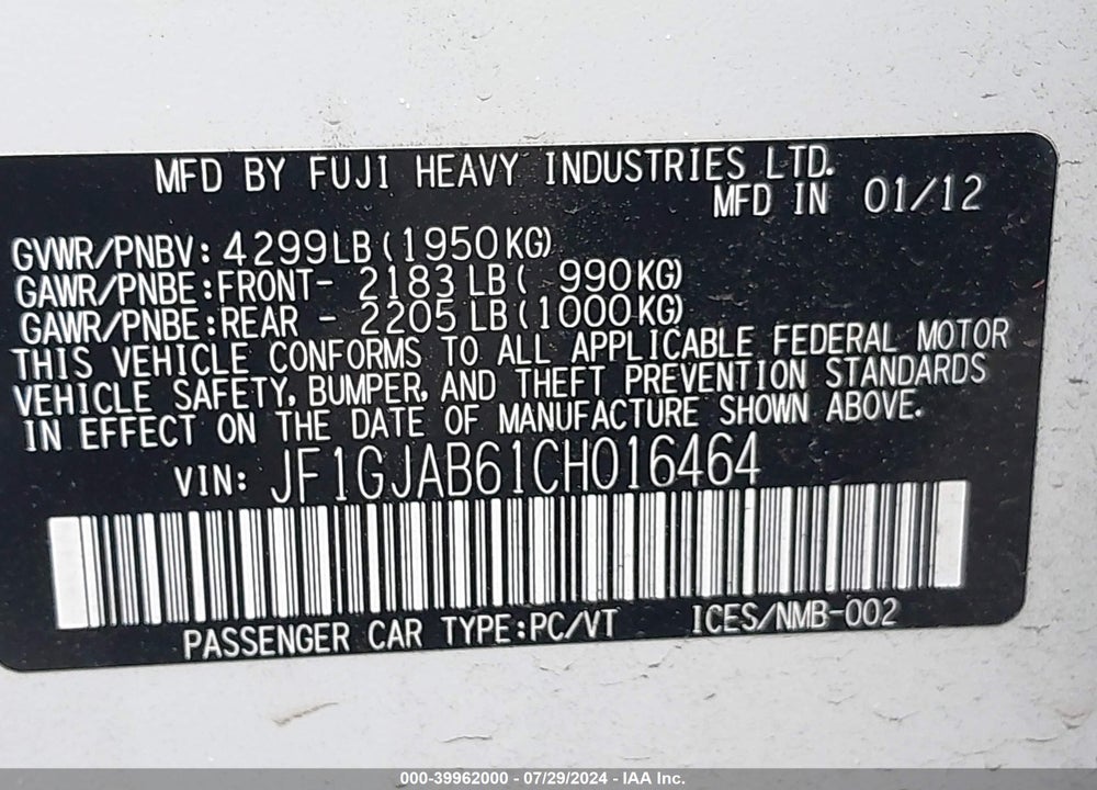 2012 SUBARU IMPREZA 2.0I PREMIUM VIN: JF1GJAB61CH016464