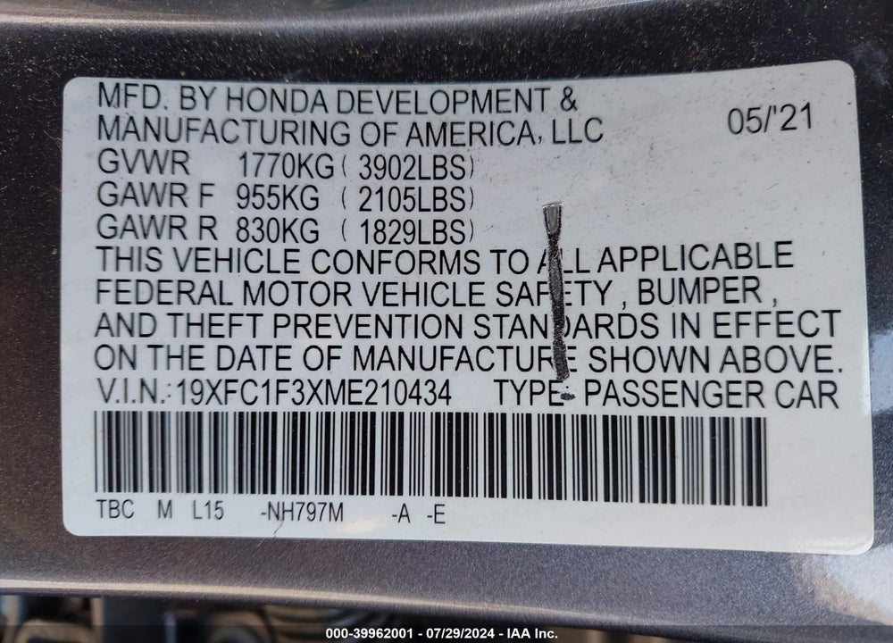 2021 HONDA CIVIC EX VIN: 19XFC1F3XME210434