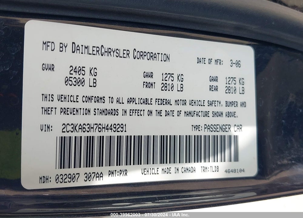 2006 CHRYSLER 300C VIN: 2C3KA63H76H449291