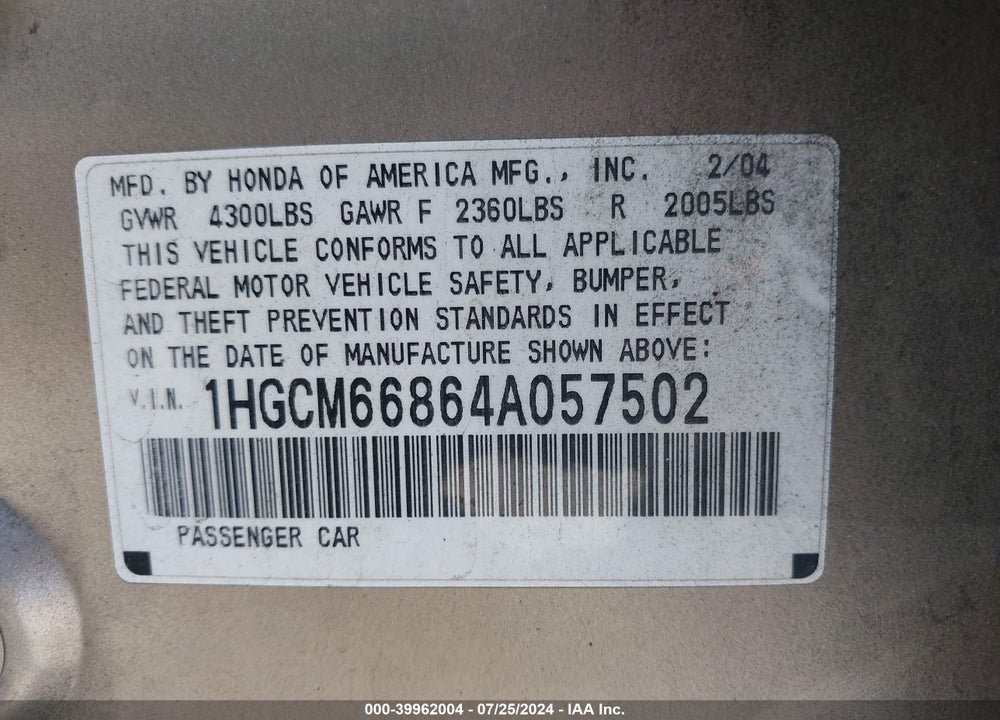 2004 HONDA ACCORD 3.0 EX VIN: 1HGCM66864A057502