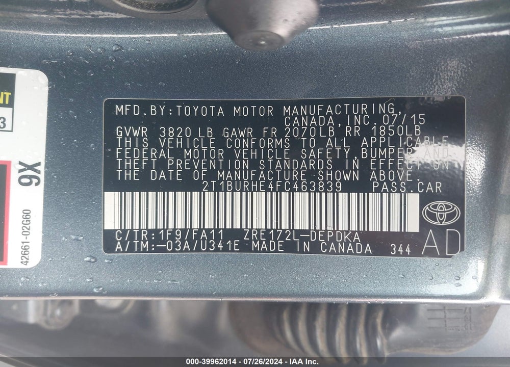 2015 TOYOTA COROLLA L VIN: 2T1BURHE4FC463839