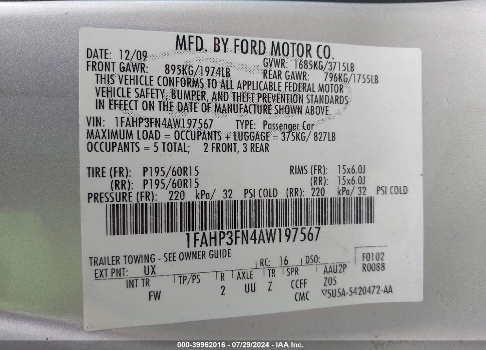 2010 FORD FOCUS SE VIN: 1FAHP3FN4AW197567