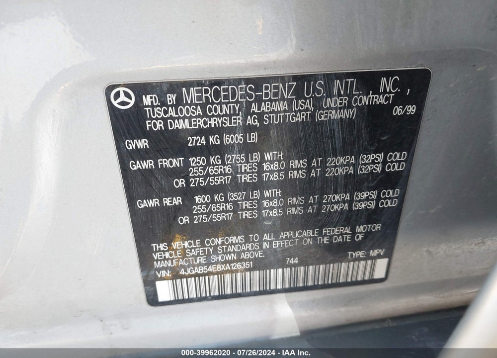 1999 MERCEDES-BENZ ML 320 VIN: 4JGAB54E8XA126351