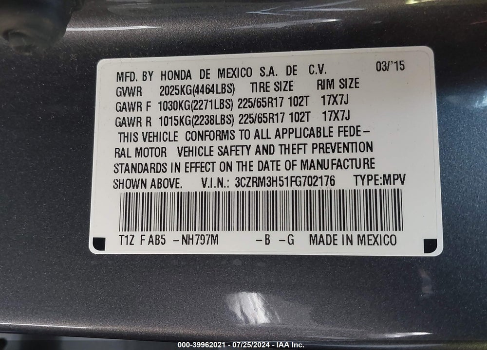 2015 HONDA CR-V EX VIN: 3CZRM3H51FG702176