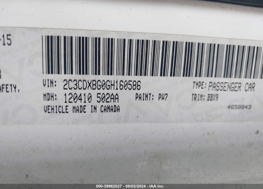 2016 DODGE CHARGER SE VIN: 2C3CDXBG0GH160586