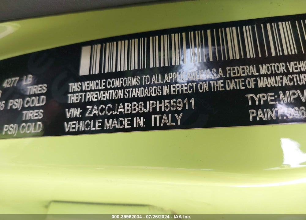 2018 JEEP RENEGADE ALTITUDE FWD VIN: ZACCJABB8JPH55911