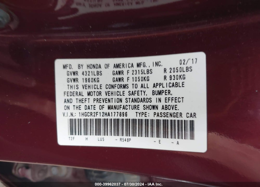 2017 HONDA ACCORD SPORT SE VIN: 1HGCR2F12HA177896