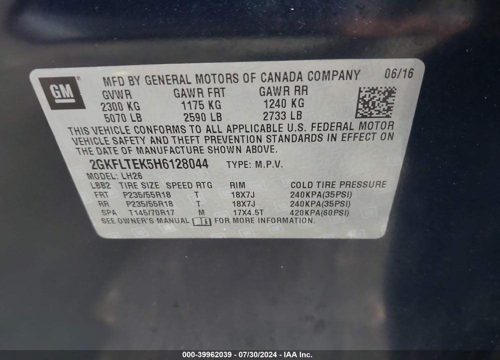 2017 GMC TERRAIN SLE-2 VIN: 2GKFLTEK5H6128044