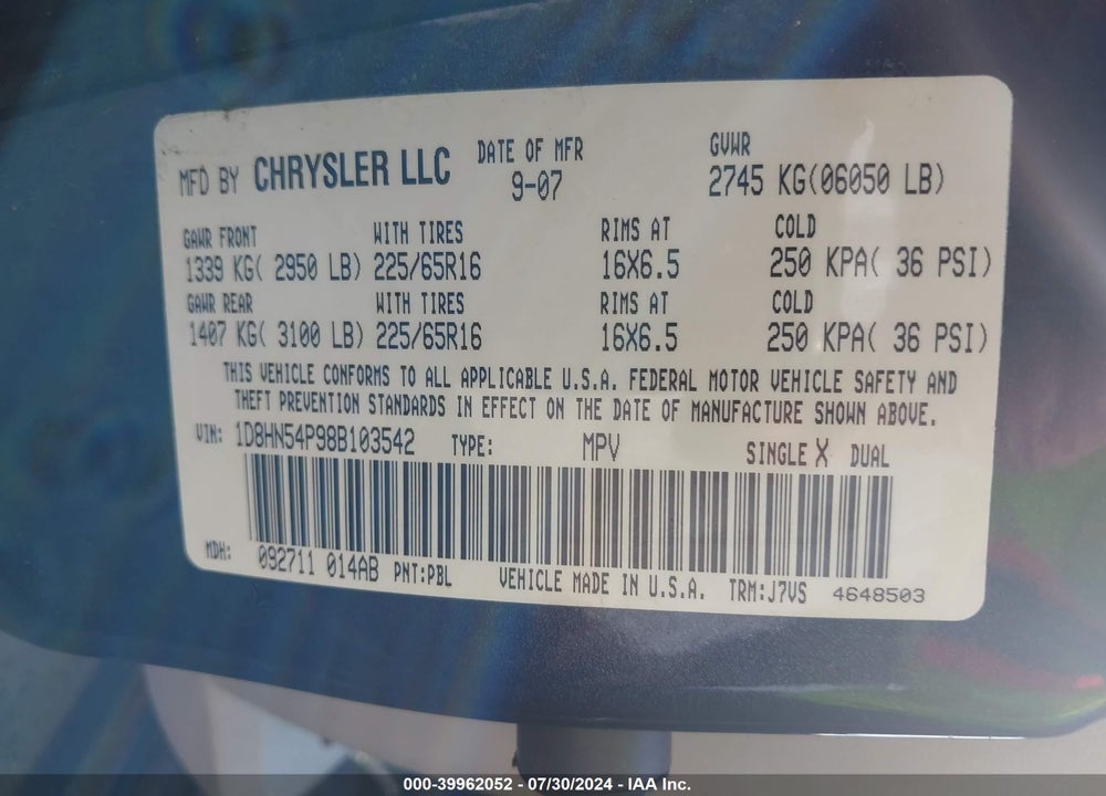 2008 DODGE GRAND CARAVAN SXT VIN: 1D8HN54P98B103542