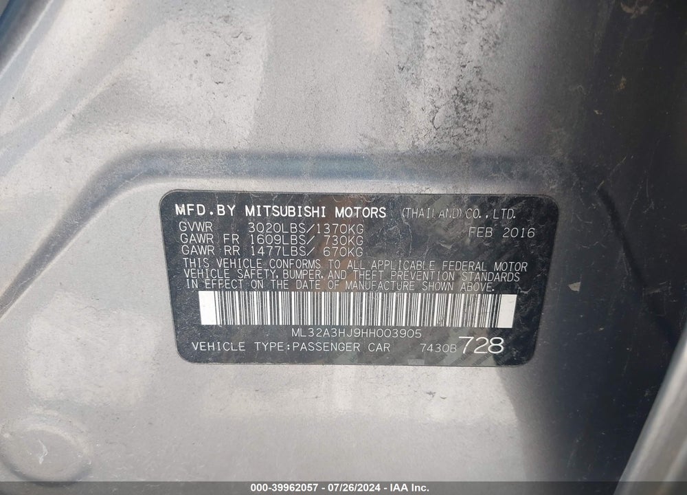 2017 MITSUBISHI MIRAGE ES VIN: ML32A3HJ9HH003905