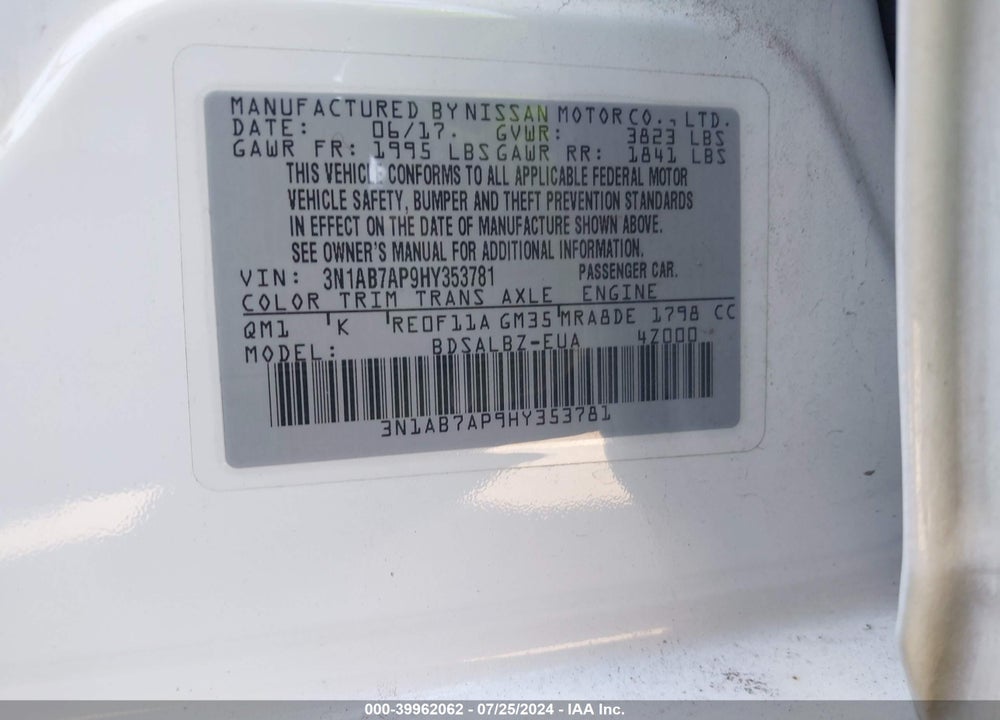 2017 NISSAN SENTRA S VIN: 3N1AB7AP9HY353781