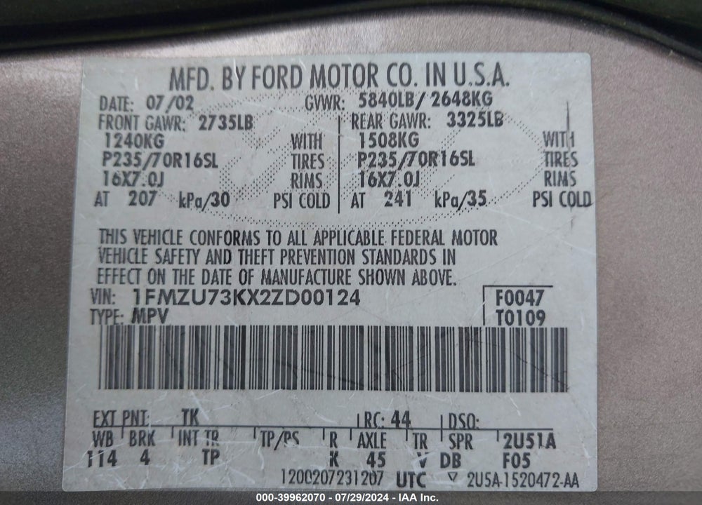 2002 FORD EXPLORER XLT VIN: 1FMZU73KX2ZD00124