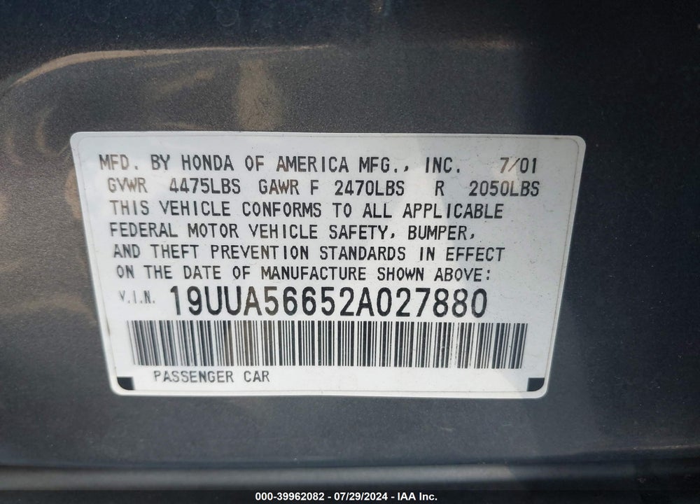 2002 ACURA TL 3.2 VIN: 19UUA56652A027880
