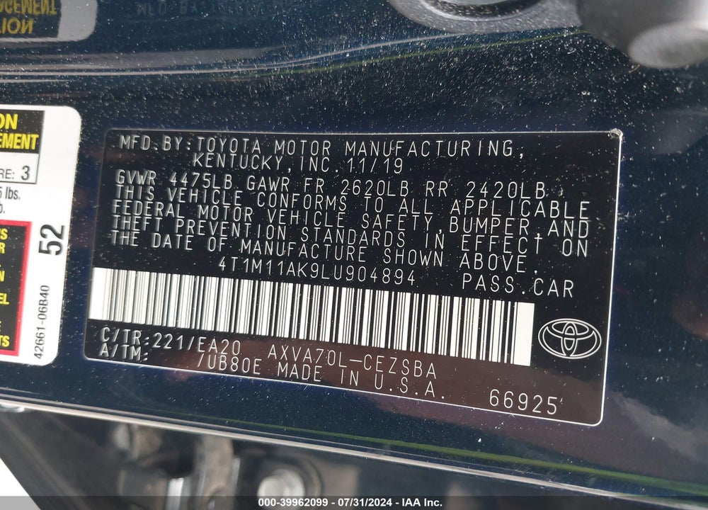 2020 TOYOTA CAMRY VIN: 4T1M11AK9LU904894