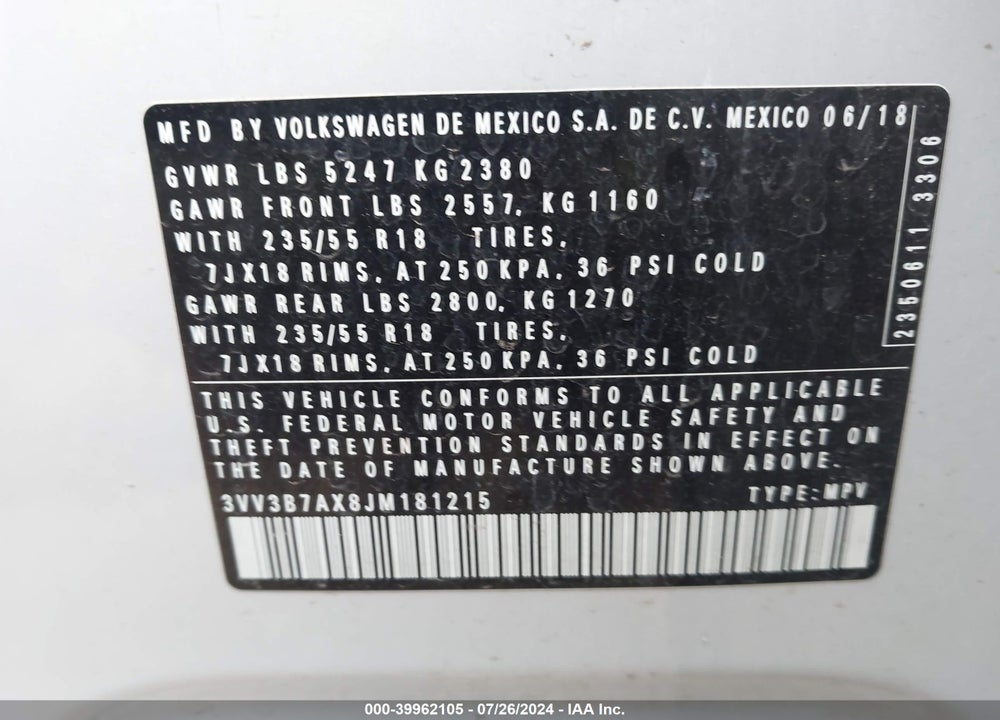 2018 VOLKSWAGEN TIGUAN 2.0T SE/2.0T SEL VIN: 3VV3B7AX8JM181215