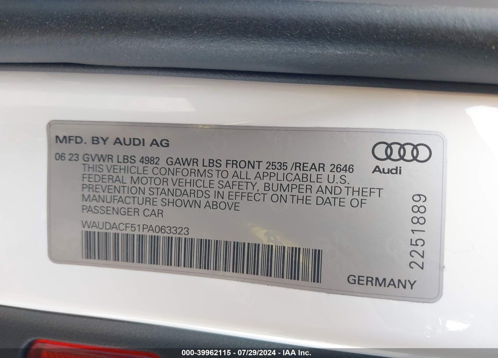 2023 AUDI A5 SPORTBACK PREMIUM 45 TFSI S LINE QUATTRO S TRONIC VIN: WAUDACF51PA063323