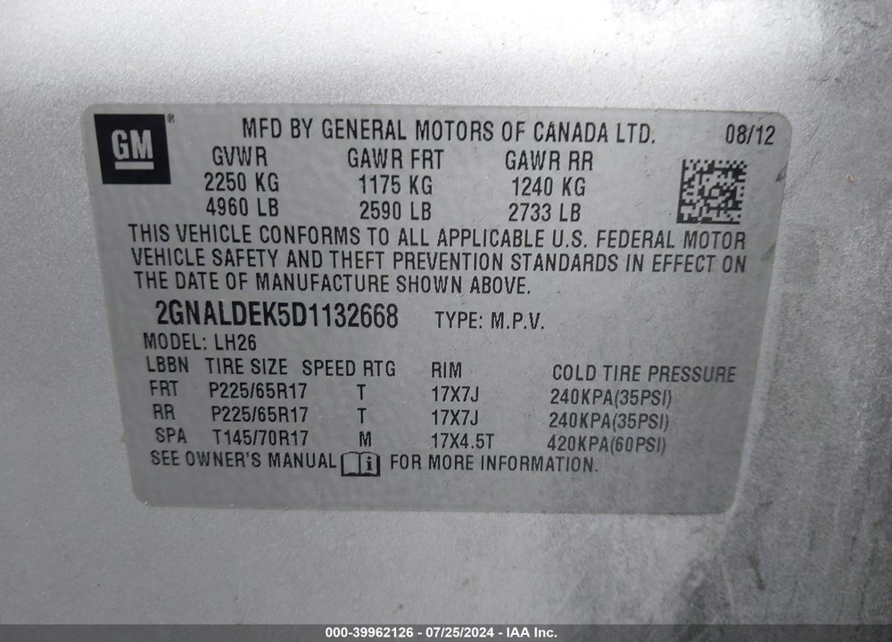 2013 CHEVROLET EQUINOX 1LT VIN: 2GNALDEK5D1132668