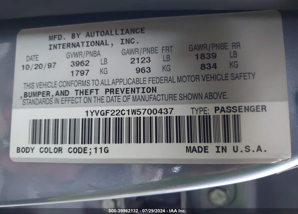 1998 MAZDA 626 DX/LX VIN: 1YVGF22C1W5700437