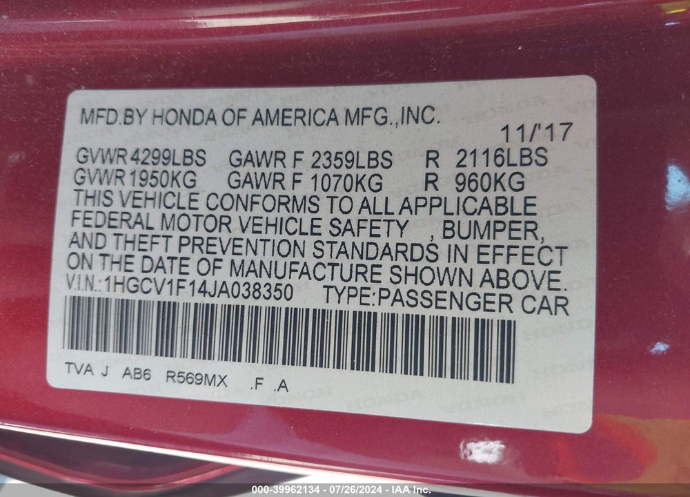 2018 HONDA ACCORD LX VIN: 1HGCV1F14JA038350
