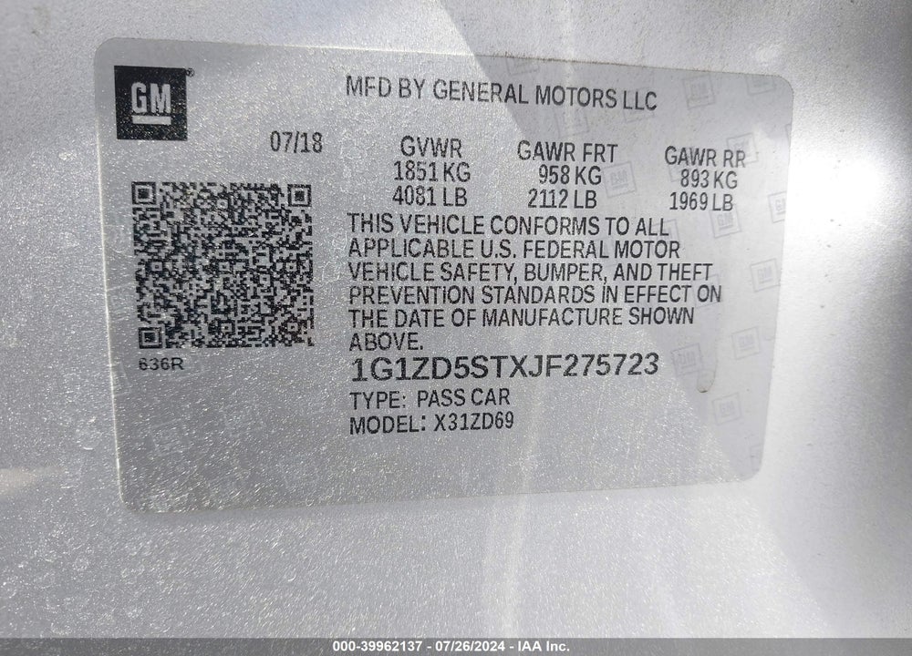 2018 CHEVROLET MALIBU VIN: 1G1ZD5STXJF275723