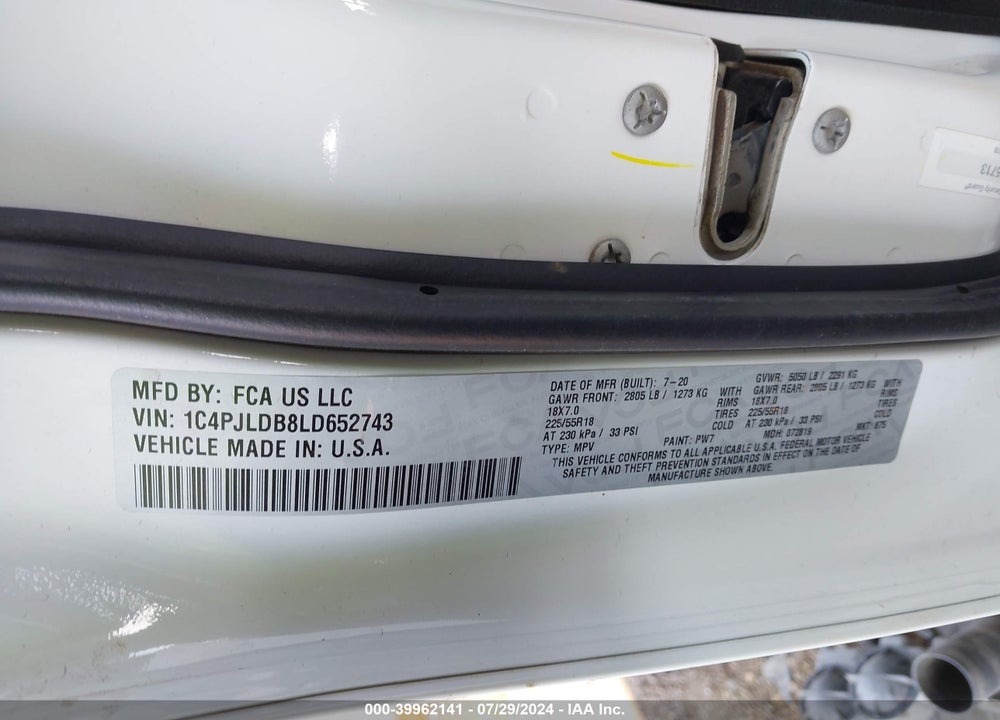 2020 JEEP CHEROKEE LIMITED FWD VIN: 1C4PJLDB8LD652743