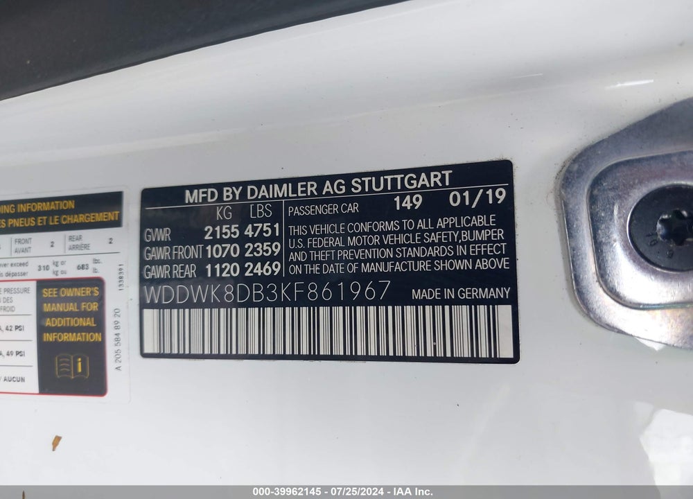 2019 MERCEDES-BENZ C 300 VIN: WDDWK8DB3KF861967