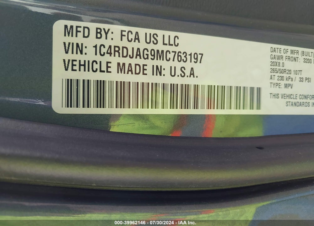2021 DODGE DURANGO SXT PLUS AWD VIN: 1C4RDJAG9MC763197