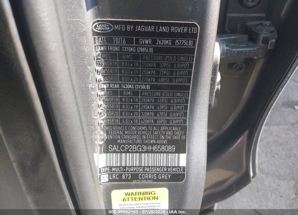 2017 LAND ROVER DISCOVERY SPORT SE VIN: SALCP2BG3HH658089