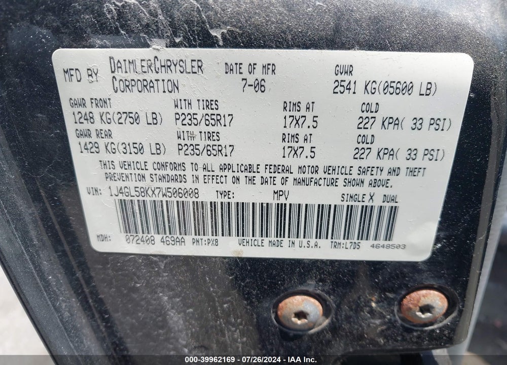 2007 JEEP LIBERTY LIMITED EDITION VIN: 1J4GL58KX7W506008