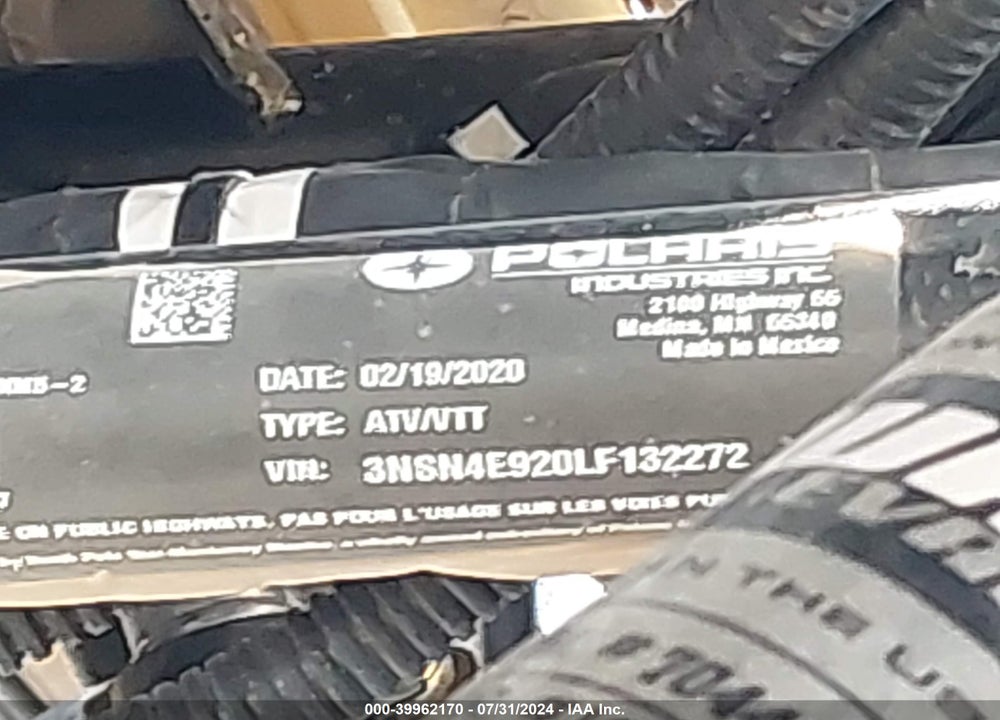 2020 POLARIS RZR XP 4 TURBO VIN: 3NSN4E920LF132272