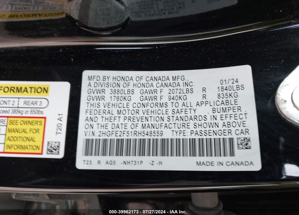 2024 HONDA CIVIC SPORT VIN: 2HGFE2F51RH548559